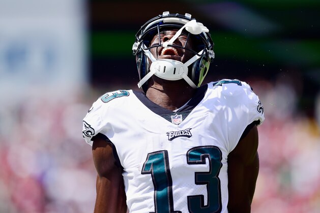 LANDOVER, MD - SEPTEMBER 10: Nelson Agholor #13 of the on Philadelphia Eagle celebrates a touchdown against the Washington Redskins in the second quarter at FedExField September 10, 2017 in Landover, Maryland.  (Photo by Patrick McDermott/Getty Images)