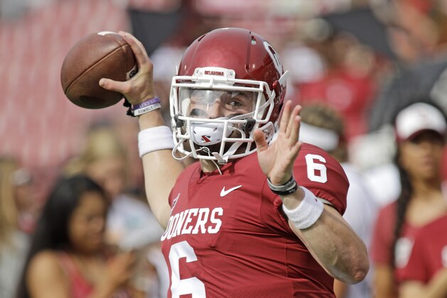 NORMAN, OK - SEPTEMBER 16: Quarterback Baker Mayfield #6 of the Oklahoma Sooners warms up before the game against the Tulane Green Wave at Gaylord Family Oklahoma Memorial Stadium on September 16, 2017 in Norman, Oklahoma. Oklahoma defeated Tulane 56-14. (Photo by Brett Deering/Getty Images)