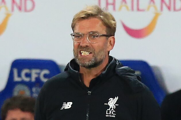 Liverpool's German manager Jurgen Klopp gestures on the touchline during the English League Cup third round football match between Leicester City and Liverpool at King Power Stadium in Leicester, central England on September 19, 2017. / AFP PHOTO / Lindsey PARNABY / RESTRICTED TO EDITORIAL USE. No use with unauthorized audio, video, data, fixture lists, club/league logos or 'live' services. Online in-match use limited to 75 images, no video emulation. No use in betting, games or single club/league/player publications.  /         (Photo credit should read LINDSEY PARNABY/AFP/Getty Images)