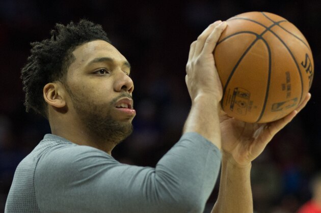 Jan 18, 2017; Philadelphia, PA, USA; Philadelphia 76ers center Jahlil Okafor (8) warms up before action against the Toronto Raptors at Wells Fargo Center. The Philadelphia 76ers won 94-89. Mandatory Credit: Bill Streicher-USA TODAY Sports