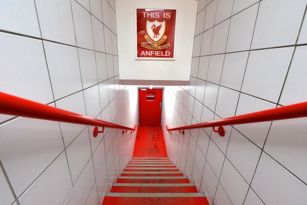 LIVERPOOL, ENGLAND - DECEMBER 13:   General view of the Liverpool club badge in the players tunnel before the Barclays Premier League match between Liverpool and West Bromwich Albion at Anfield on December 13, 2015 in Liverpool, England.  (Photo by Adam Fradgley - AMA/WBA FC via Getty Images)