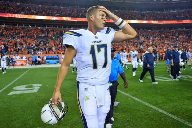 DENVER, CO - SEPTEMBER 11: Quarterback Philip Rivers #17 of the Los Angeles Chargers walks off the field after losing the game to the Denver Broncos at Sports Authority Field at Mile High on September 11, 2017 in Denver, Colorado. (Photo by Dustin Bradford/Getty Images) DENVER, CO - SEPTEMBER 11: Quarterback Philip Rivers #17 of the Los Angeles Chargers walks off the field after losing the game to the Denver Broncos at Sports Authority Field at Mile High on September 11, 2017 in Denver, Colorado. (Photo by Dustin Bradford/Getty Images)