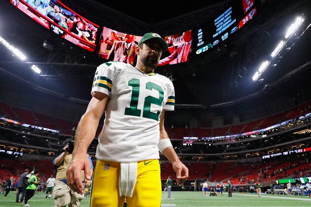 ATLANTA, GA - SEPTEMBER 17:  Aaron Rodgers #12 of the Green Bay Packers walks off the field after being defeated by the Atlanta Falcons 34-23 at Mercedes-Benz Stadium on September 17, 2017 in Atlanta, Georgia.  (Photo by Kevin C. Cox/Getty Images)