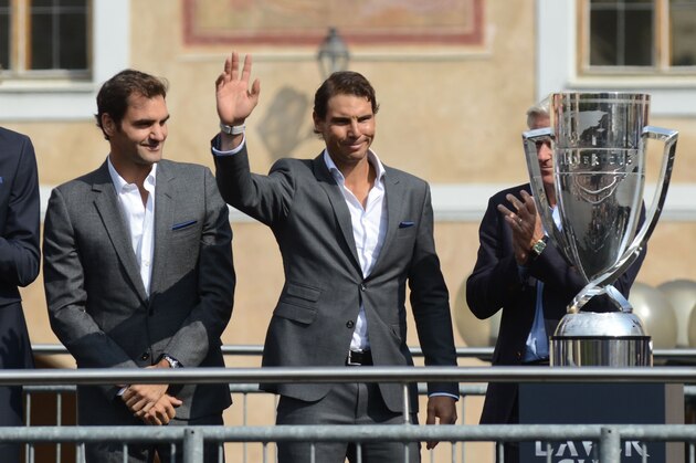 (l-R) German tennis player Alexander Zverev, Swiss tennis player Roger Federer, Spanish tennis player Rafael Nadal and Swedish former tennis player Bjorn Borg pose on the stage ahead of the tennis Laver Cup on September 20, 2017 in Prague, Czech Republic.
European players compete against players from the rest of the World during the Laver Cup tournament that runs from from September 22-24. / AFP PHOTO / Michal Cizek        (Photo credit should read MICHAL CIZEK/AFP/Getty Images)