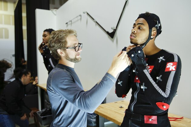 IMAGE DISTRIBUTED FOR 2K - NBA player D'Angelo Russell suits up in motion capture suit for NBA 2K17 at the 2K Mocap Studio in Petaluma, Calif., Tuesday, Aug. 30, 2016. (Alison Yin/AP Images for 2K)