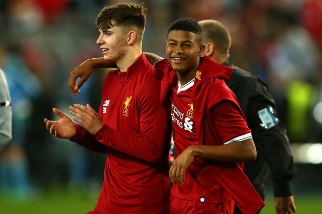 SYDNEY, AUSTRALIA - MAY 24:  Ben Woodburn and Rhian Brewster of Liverpool celebrate winning the International Friendly match between Sydney FC and Liverpool FC at ANZ Stadium on May 24, 2017 in Sydney, Australia.  (Photo by Matt Blyth/Getty Images)