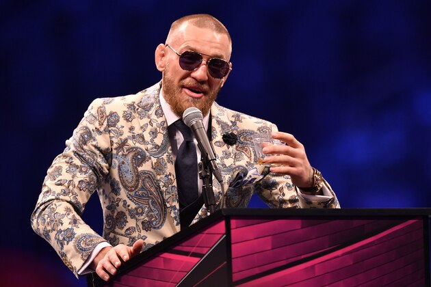 LAS VEGAS, NV - AUGUST 25:  Conor McGregor speaks to the media during a news conference after Mayweather's 10th-round TKO victory in their super welterweight boxing match on August 26, 2017 at T-Mobile Arena in Las Vegas, Nevada. (Photo by Jeff Bottari/Zuffa LLC/Zuffa LLC via Getty Images)