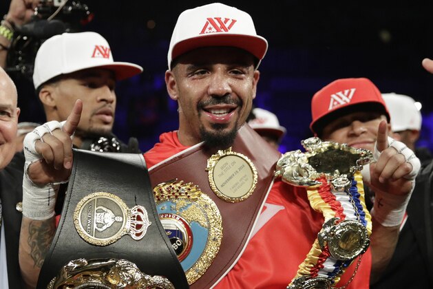Andre Ward celebrates after defeating Sergey Kovalev during a light heavyweight championship boxing match Saturday, June 17, 2017, in Las Vegas. (AP Photo/John Locher)