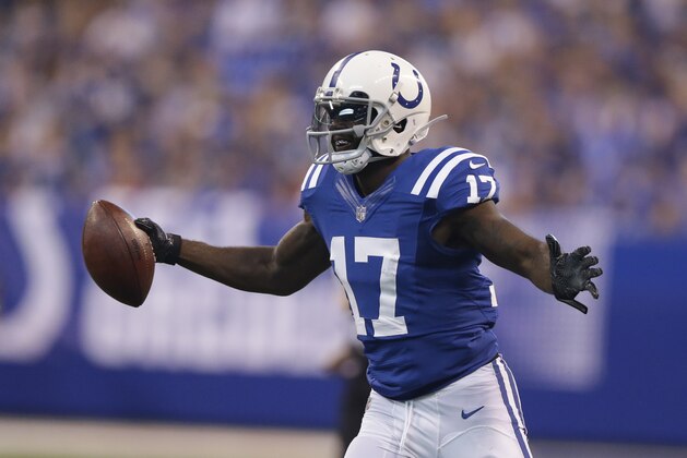 Indianapolis Colts' Kamar Aiken (17) in action during the first half of an NFL football game against the Arizona Cardinals, Sunday, Sept. 17, 2017, in Indianapolis. (AP Photo/Michael Conroy)