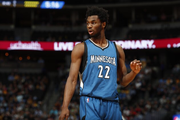 Minnesota Timberwolves forward Andrew Wiggins (22) in the first half of an NBA basketball game Wednesday, Feb. 15, 2017, in Denver. (AP Photo/David Zalubowski)