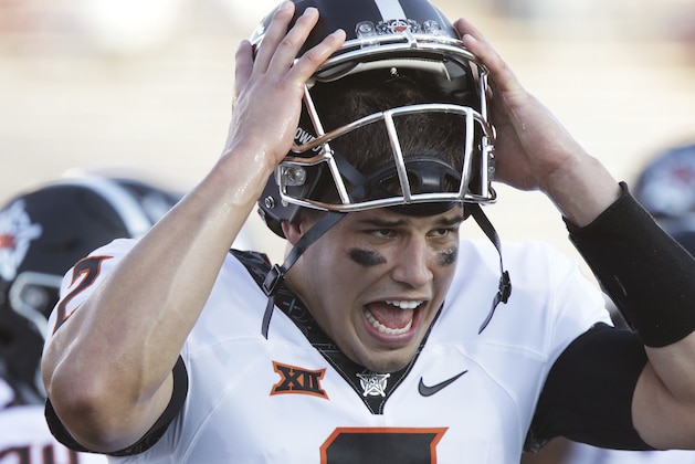 Oklahoma State quarterback Mason Rudolph during warm ups before their NCAA college football game against South Alabama, Friday, Sept. 8, 2017, in Mobile, Ala. Oklahoma State won 44-7. (AP Photo/Dan Anderson)