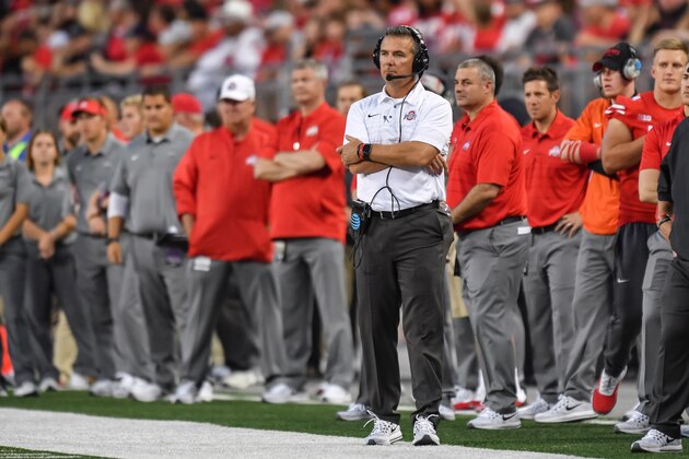 COLUMBUS, OH - SEPTEMBER 16:  Head Coach Urban Meyer of the Ohio State Buckeyes watches his team play against the Army Golden Knights at Ohio Stadium on September 16, 2017 in Columbus, Ohio.  (Photo by Jamie Sabau/Getty Images)