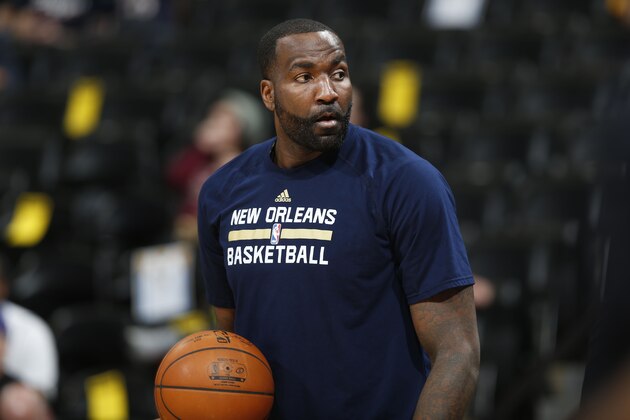 New Orleans Pelicans center Kendrick Perkins (5) in the first half of an NBA basketball game Sunday, Dec. 20, 2015, in Denver. (AP Photo/David Zalubowski)