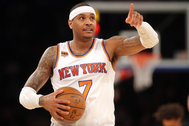 Mar 5, 2017; New York, NY, USA; New York Knicks small forward Carmelo Anthony (7) points into the stands before a game against the Golden State Warriors at Madison Square Garden. Mandatory Credit: Brad Penner-USA TODAY Sports