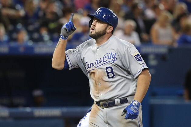TORONTO, ON - SEPTEMBER 20: Mike Moustakas #8 of the Kansas City Royals celebrates after hitting a solo home run in the sixth inning, setting a club record with 37 home runs in a season, during MLB game action against the Toronto Blue Jays at Rogers Centre on September 20, 2017 in Toronto, Canada. (Photo by Tom Szczerbowski/Getty Images)