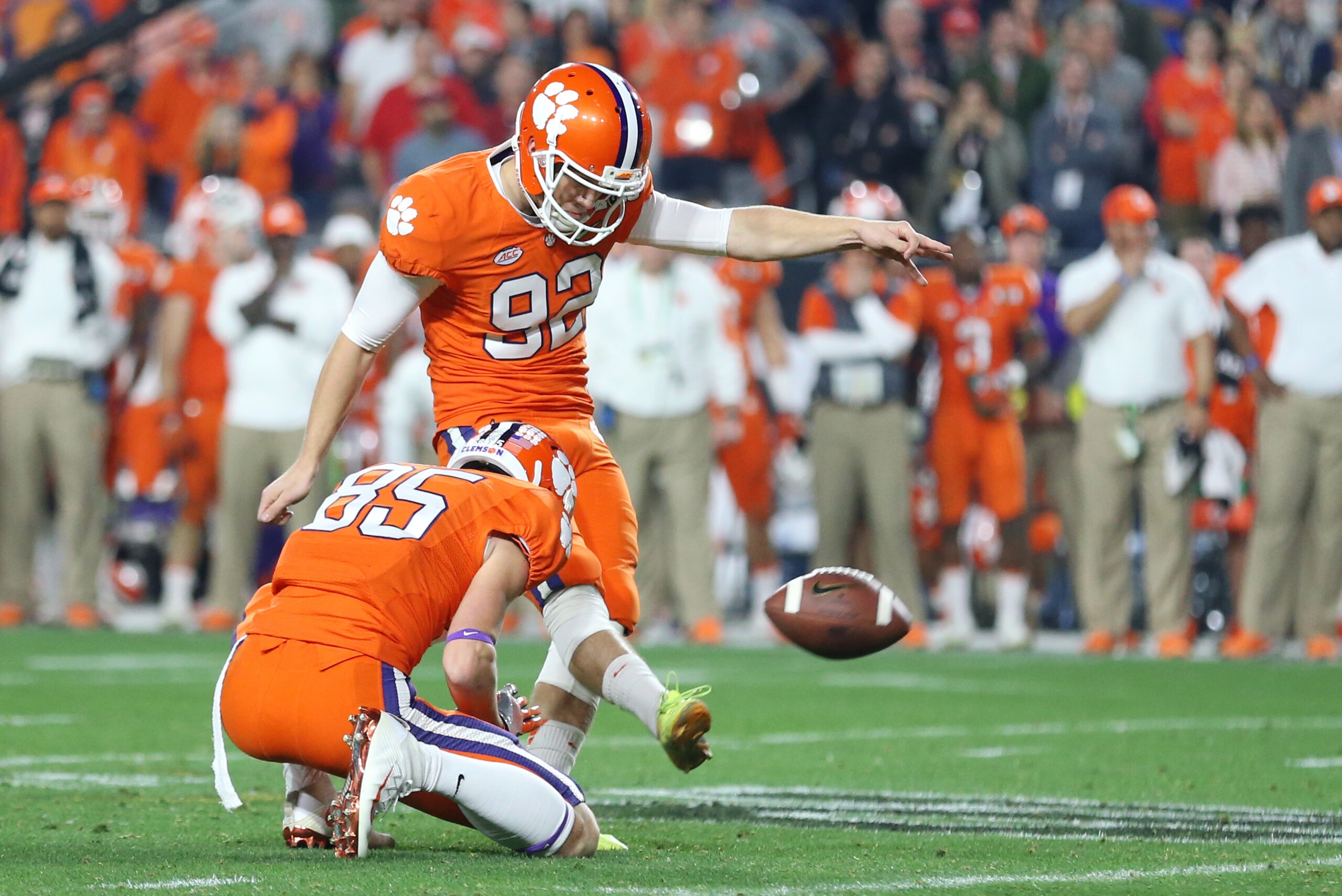 Jan 11, 2016; Glendale, AZ, USA; Clemson Tigers kicker Greg Huegel (92) against the Alabama Crimson Tide in the 2016 CFP National Championship at University of Phoenix Stadium. Mandatory Credit: Mark J. Rebilas-USA TODAY Sports