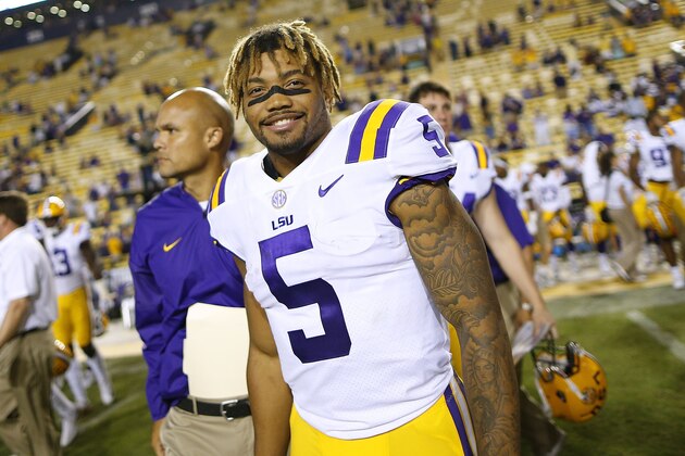 BATON ROUGE, LA - SEPTEMBER 09:  Derrius Guice #5 of the LSU Tigers celebrates after a game against the Chattanooga Mocs at Tiger Stadium on September 9, 2017 in Baton Rouge, Louisiana.  (Photo by Jonathan Bachman/Getty Images)