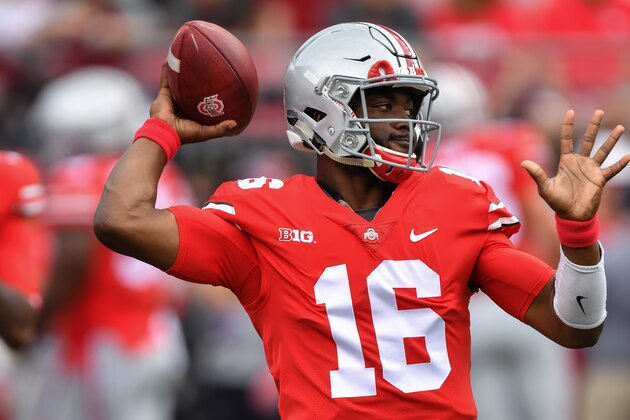COLUMBUS, OH - SEPTEMBER 16: J.T. Barrett #16 of the Ohio State Buckeyes warms up before a game against the Army Golden Knights at Ohio Stadium on September 16, 2017 in Columbus, Ohio. (Photo by Jamie Sabau/Getty Images) COLUMBUS, OH - SEPTEMBER 16: J.T. Barrett #16 of the Ohio State Buckeyes warms up before a game against the Army Golden Knights at Ohio Stadium on September 16, 2017 in Columbus, Ohio. (Photo by Jamie Sabau/Getty Images)