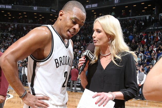 BROOKLYN, NY - December 26: Randy Foye #2 of the Brooklyn Nets talks with Sarah Kustok after a game between the Charlotte Hornets and the Brooklyn Nets on December 26, 2016 at Barclays Center in Brooklyn, NY. NOTE TO USER: User expressly acknowledges and agrees that, by downloading and/or using this Photograph, user is consenting to the terms and conditions of the Getty Images License Agreement. Mandatory Copyright Notice: Copyright 2016 NBAE (Photo by Nathaniel S. Butler/NBAE via Getty Images)