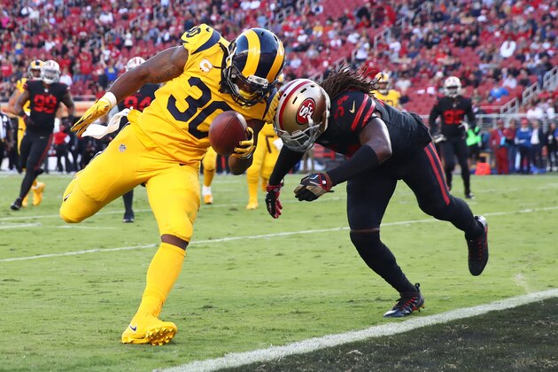SANTA CLARA, CA - SEPTEMBER 21:  Todd Gurley #30 of the Los Angeles Rams rushes for a touchdown against the San Francisco 49ers during their NFL game at Levi's Stadium on September 21, 2017 in Santa Clara, California.  (Photo by Ezra Shaw/Getty Images)