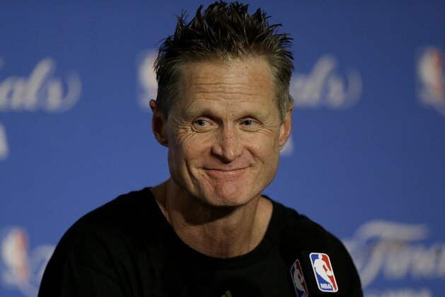 Golden State Warriors head coach Steve Kerr speaks at a news conference after Game 5 of basketball's NBA Finals between the Warriors and the Cleveland Cavaliers in Oakland, Calif., Monday, June 12, 2017. The Warriors won 129-120 to win the NBA championship. (AP Photo/Ben Margot)