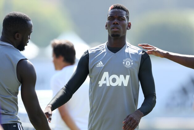 CARSON, CA - JULY 14:  Paul Pogba (R) and Romelu Lukaku of Manchester United in action during a Manchester United Open Training Session at UCLA on July 14, 2017 in Carson, California.  (Photo by Matthew Ashton - AMA/Getty Images)