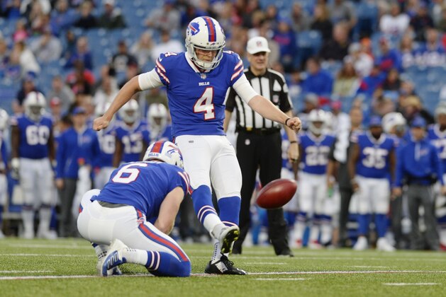 Buffalo Bills' Stephen Hauschka (4) kicks a field goal during the first half of a preseason NFL football game against the Detroit Lions on Thursday, Aug. 31, 2017, in Orchard Park, N.Y. (AP Photo/Adrian Kraus)