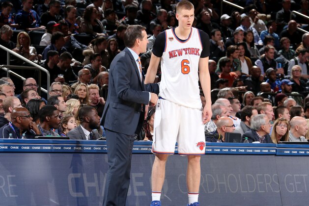 NEW YORK, NY - OCTOBER 29: Head Coach Jeff Hornacek of the New York Knicks talks with Kristaps Porzingis #6 of the New York Knicks during the game against the Memphis Grizzlies on October 29, 2016 at Madison Square Garden in New York City, New York.  NOTE TO USER: User expressly acknowledges and agrees that, by downloading and or using this photograph, User is consenting to the terms and conditions of the Getty Images License Agreement. Mandatory Copyright Notice: Copyright 2016 NBAE  (Photo by Nathaniel S. Butler/NBAE via Getty Images)