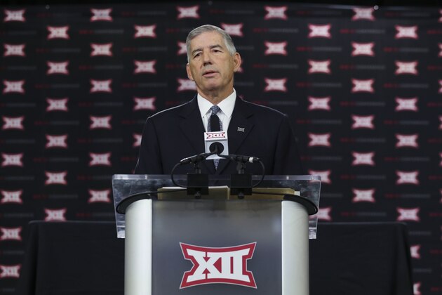 Big 12 commissioner Bob Bowlsby speaks to reporters during the Big 12 NCAA college football media day at the Dallas Cowboys practice facilities in Frisco, Texas, Monday, July 17, 2017. (AP Photo/LM Otero)