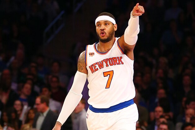 Apr 12, 2017; New York, NY, USA; New York Knicks forward Carmelo Anthony (7) dribbles the ball against the Philadelphia 76ers during the second half at Madison Square Garden. The Knicks won 114-113. Mandatory Credit: Andy Marlin-USA TODAY Sports