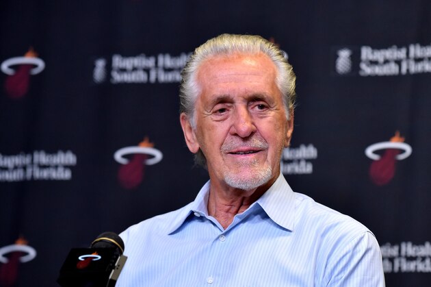 Sep 22, 2017; Miami, FL, USA; Miami Heat president Pat Riley address reporters during a press conference at  AmericanAirlines Arena. Mandatory Credit: Steve Mitchell-USA TODAY Sports