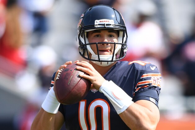 Sep 10, 2017; Chicago, IL, USA; Chicago Bears quarterback Mitchell Trubisky (10) warms up prior to a game against the Atlanta Falcons at Soldier Field. Mandatory Credit: Patrick Gorski-USA TODAY Sports