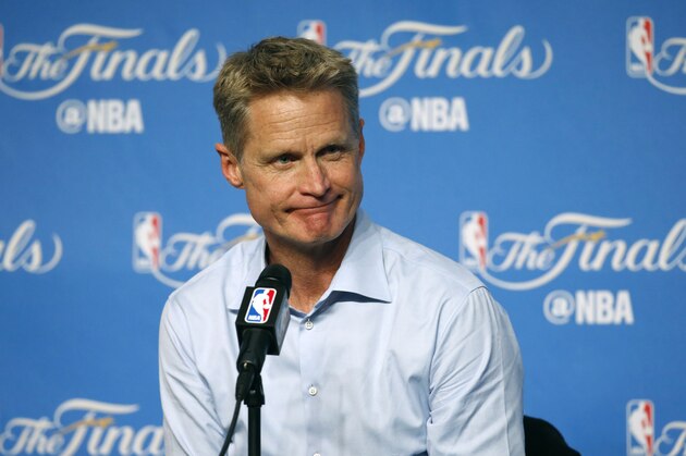 Golden State Warriors coach Steve Kerr speaks after Game 3 of basketball's NBA Finals against the Cleveland Cavaliers in Cleveland, early Thursday, June 8, 2017. Golden State won 118-113. (AP Photo/Ron Schwane)