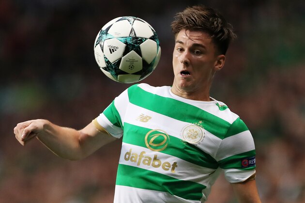 GLASGOW, SCOTLAND - AUGUST 16: Kieran Tierney of Celtic controls the ball during the UEFA Champions League Qualifying Play-Offs Round First Leg match between Celtic FC and FK Astana at Celtic Park on August 16, 2017 in Glasgow, United Kingdom. (Photo by Ian MacNicol/Getty Images)