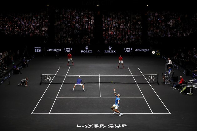 PRAGUE, CZECH REPUBLIC - SEPTEMBER 22:  Rafael Nadal serves playing with Tomas Berdych of Team Europe during there doubles match against Nick Kyrgios ans Jack Sock of Team World on the first day of the Laver Cup on September 22, 2017 in Prague, Czech Republic.  The Laver Cup consists of six European players competing against their counterparts from the rest of the World. Europe will be captained by Bjorn Borg and John McEnroe will captain the Rest of the World team. The event runs from 22-24 September.  (Photo by Julian Finney/Getty Images for Laver Cup)