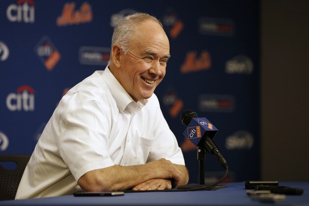 NEW YORK, NY - AUGUST 01: Sandy Alderson, general manager of the New York Mets, talks during a press conference announcing that the Mets agreed to a trade for Jay Bruce before a game against the New York Yankees at Citi Field on August 1, 2016 in the Flushing neighborhood of the Queens borough of New York City. (Photo by Rich Schultz/Getty Images)
