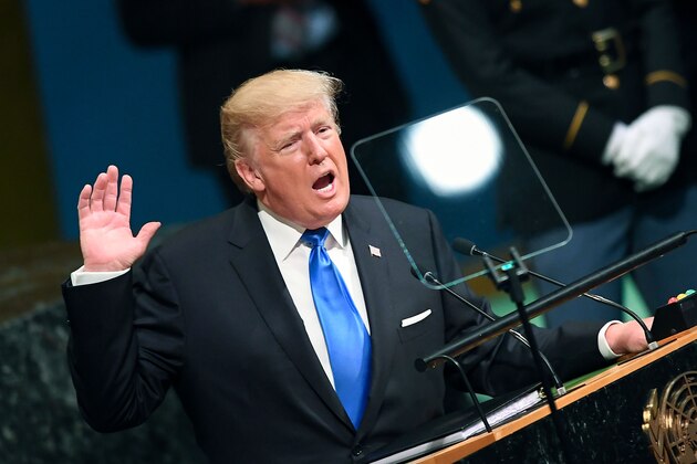 TOPSHOT - US President Donald Trump addresses the 72nd Annual UN General Assembly in New York on September 19, 2017. / AFP PHOTO / Jewel SAMAD        (Photo credit should read JEWEL SAMAD/AFP/Getty Images)