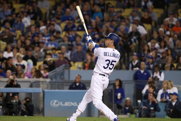 LOS ANGELES, CA - SEPTEMBER 22: Cody Bellinger #35 of the Los Angeles Dodgers watches the ball leave the ball park for his three-run home run, his 39th of the season to break the National League rookie home run record, during the third inning of the MLB game against the San Francisco Giants at Dodger Stadium on September 22, 2017 in Los Angeles, California.  (Photo by Victor Decolongon/Getty Images)
