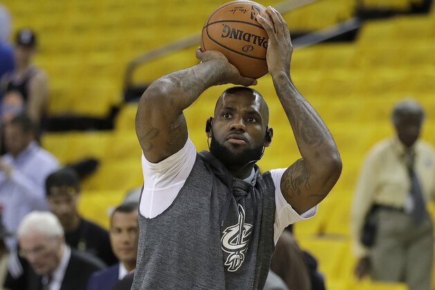 Cleveland Cavaliers forward LeBron James warms up before Game 5 of basketball's NBA Finals between the Golden State Warriors and the Cavaliers in Oakland, Calif., Monday, June 12, 2017. (AP Photo/Marcio Jose Sanchez) Cleveland Cavaliers forward LeBron James warms up before Game 5 of basketball's NBA Finals between the Golden State Warriors and the Cavaliers in Oakland, Calif., Monday, June 12, 2017. (AP Photo/Marcio Jose Sanchez)