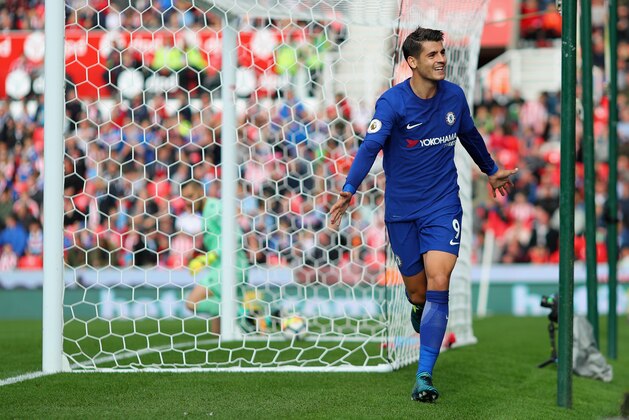 STOKE ON TRENT, ENGLAND - SEPTEMBER 23:  Alvaro Morata of Chelsea celebrates scoring his sides third goal during the Premier League match between Stoke City and Chelsea at Bet365 Stadium on September 23, 2017 in Stoke on Trent, England.  (Photo by Richard Heathcote/Getty Images)