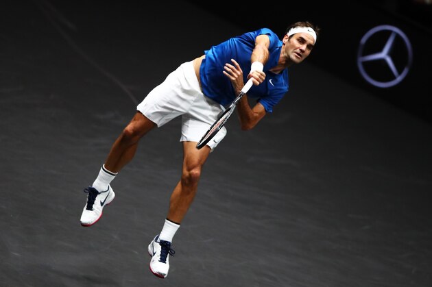 PRAGUE, CZECH REPUBLIC - SEPTEMBER 23:  Roger Federer of Team Europe serves during his singles match against Sam Querrey of Team World on Day 2 of the Laver Cup on September 23, 2017 in Prague, Czech Republic. The Laver Cup consists of six European players competing against their counterparts from the rest of the World. Europe will be captained by Bjorn Borg and John McEnroe will captain the Rest of the World team. The event runs from 22-24 September.  (Photo by Clive Brunskill/Getty Images for Laver Cup)