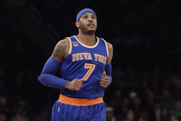 New York Knicks' Carmelo Anthony (7) plays during the first half of an NBA basketball game against the Brooklyn Nets Thursday, March 16, 2017, in New York. (AP Photo/Frank Franklin II)