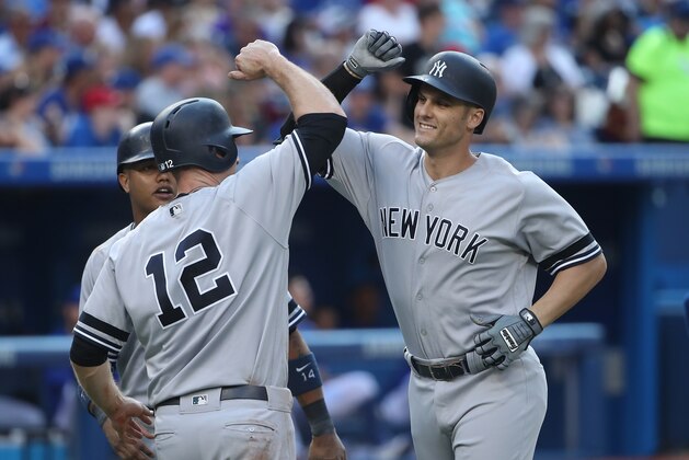 TORONTO, ON - SEPTEMBER 23: Greg Bird #33 of the New York Yankees is congratulated by Chase Headley #12 after hitting a three-run home run in the fifth inning during MLB game action against the Toronto Blue Jays at Rogers Centre on September 23, 2017 in Toronto, Canada. (Photo by Tom Szczerbowski/Getty Images)