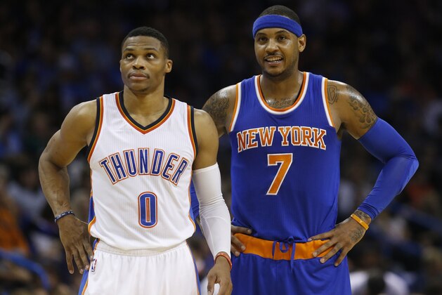 Oklahoma City Thunder guard Russell Westbrook (0) and New York Knicks forward Carmelo Anthony (7) are pictured in the first quarter of an NBA basketball game in Oklahoma City, Friday, Nov. 20, 2015. New York won 93-90. (AP Photo/Sue Ogrocki)