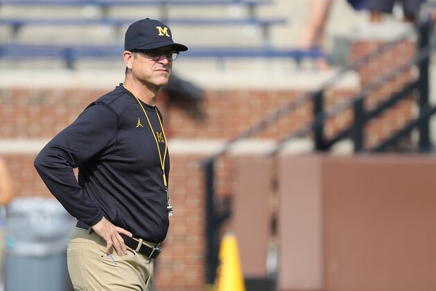 ANN ARBOR, MI - SEPTEMBER 16: Michigan Wolverines head football coach Jim Harbaugh watches the pregame warm ups prior to the start of the game against the Air Force Falcons at Michigan Stadium on September 16, 2017 in Ann Arbor, Michigan. Michigan defeated Air Force Falcons 29-13. (Photo by Leon Halip/Getty Images)