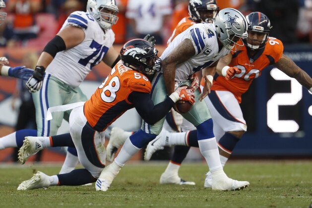 Denver Broncos outside linebacker Von Miller (58) sacks Dallas Cowboys quarterback Dak Prescott (4) after an NFL football game, Sunday, Sept. 17, 2017, in Denver. (AP Photo/Joe Mahoney)