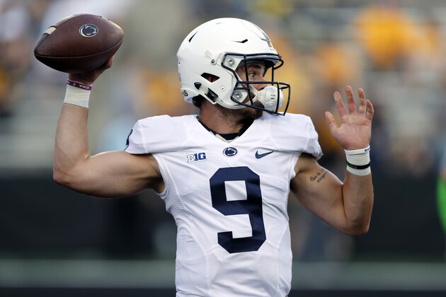 Penn State quarterback Trace McSorley warms up before the start of an NCAA college football game against Iowa Saturday, Sept. 23, 2017, in Iowa City, Iowa. (AP Photo/Jeff Roberson)
