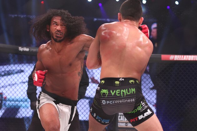 Sep 23, 2017; San Jose, CA, USA; Patricky Pitbull (blue gloves) fights Benson Henderson (red gloves) during Bellator 183 at SAP Center. Mandatory Credit: Dave Mandel-USA TODAY Sports