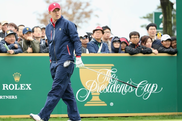 INCHEON, SOUTH KOREA - OCTOBER 11:  Jordan Spieth of the United States Team watches his tee shot on the third hole during the Sunday singles matches at The Presidents Cup at Jack Nicklaus Golf Club Korea on October 11, 2015 in Songdo IBD, Incheon City, South Korea.  (Photo by Scott Halleran/Getty Images)