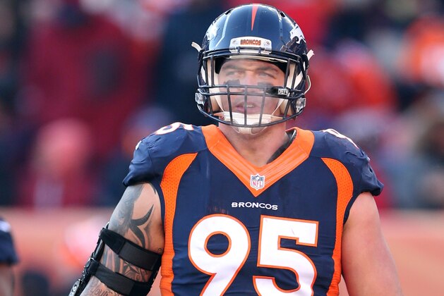 DENVER, CO - DECEMBER 18: Derek Wolfe #95 of the Denver Broncos looks on during the game against the New England Patriots at Sports Authority Field At Mile High on December 18, 2016 in Denver, Colorado.  The Patriots defeated the Broncos 16-3.  (Photo by Rob Leiter/Getty Images)